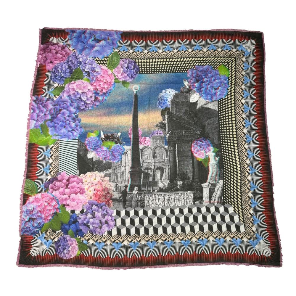 Christian Lacroix Square Scarf Wool Silk 53"x53" Large Made In Italy Floral City